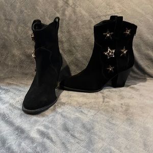 Suede size 7, ankle boots 2” heel crystal stars as accents